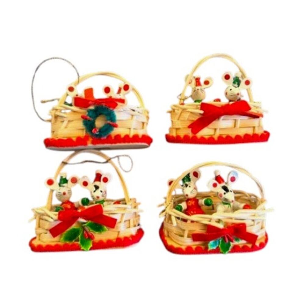 Vintage Christmas Mice Basket Ornaments Set of 4 Taiwan